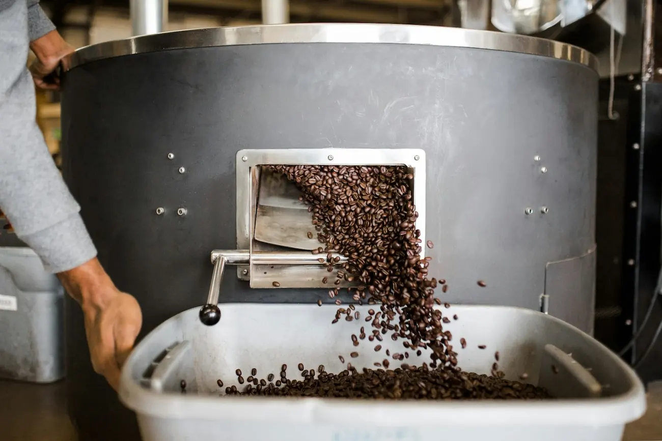 Grains de café fraîchement torréfiés sur un plateau